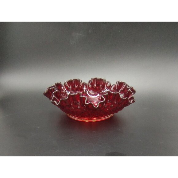 Fenton Hobnail Ruby Red Amberina Glow Ruffle Glass Candy Dish - Picture 11 of 16